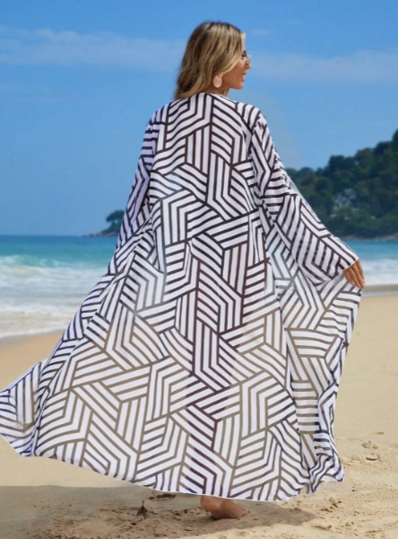 Long Belted Black and White Monochrome Kimono