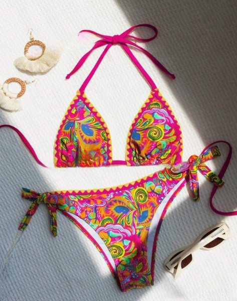 Pink Brazil Multi-Color Print Triangle Bikini