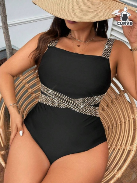 Curve Gorgeous Black and Woven Gold One-Piece