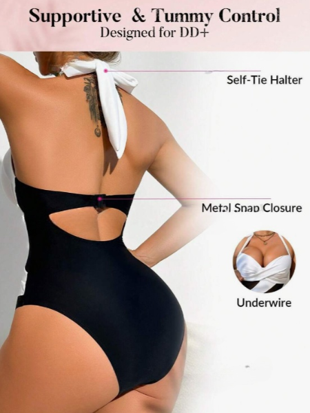 Black and White Push-Up Tummy Control Mesh One-Piece