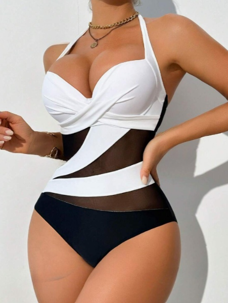 Black and White Push-Up Tummy Control Mesh One-Piece