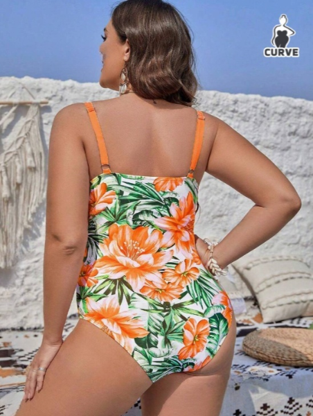 Orange Floral Tropical Print Twist Push-Up One-Piece Swimsuit