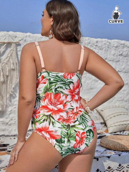 Peach Floral Tropical Print Twist Push-Up One-Piece Swimsuit