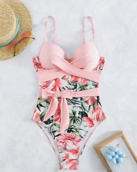 Peach Floral Tropical Print Twist Push-Up One-Piece Swimsuit