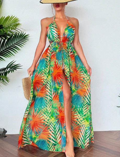 Green and Orange Tropical Floral Deep V-Neck Beach Cover Dress