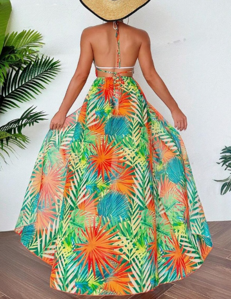 Green and Orange Tropical Floral Deep V-Neck Beach Cover Dress