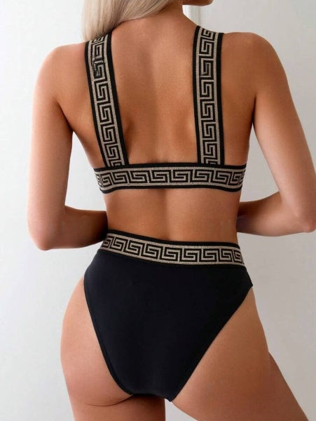 Ladies Black and Gold Geometric Bikini