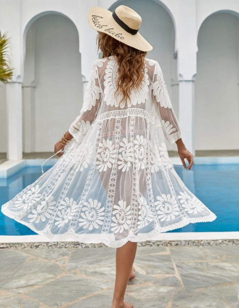 White Embroidery Mesh Long Sleeve Kimono