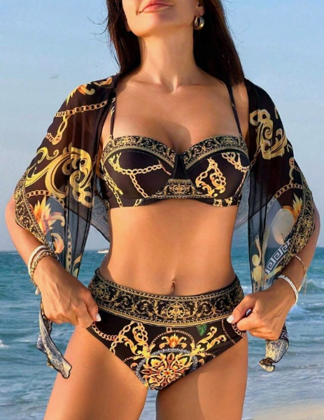 Black and Gold Versace Inspired Strap Bikini 3 Piece Set