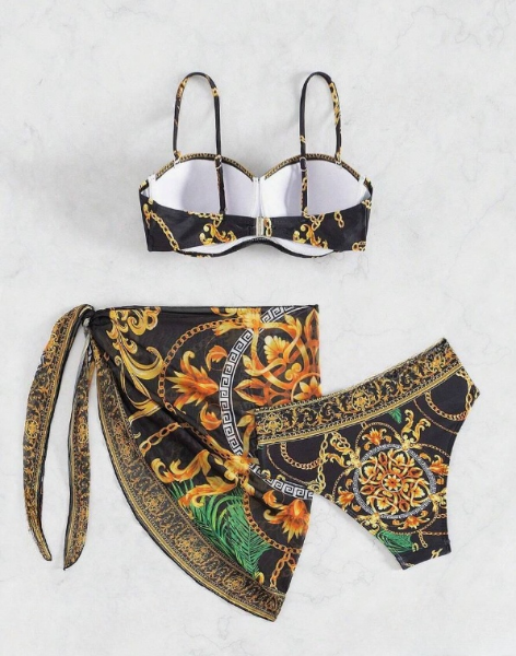 Black and Gold Versace Inspired Strap Bikini 3 Piece Set