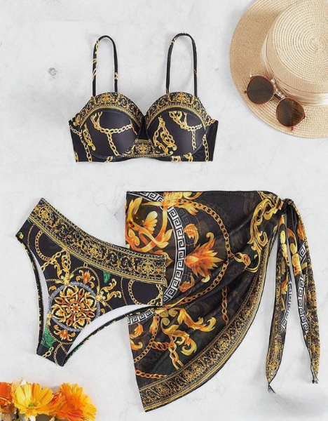 Black and Gold Versace Inspired Strap Bikini 3 Piece Set