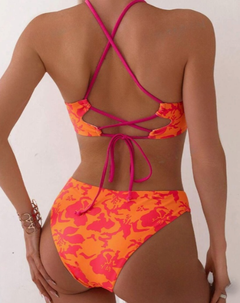 Orange and Red Hawaiian Printed Crossed Back Bikini