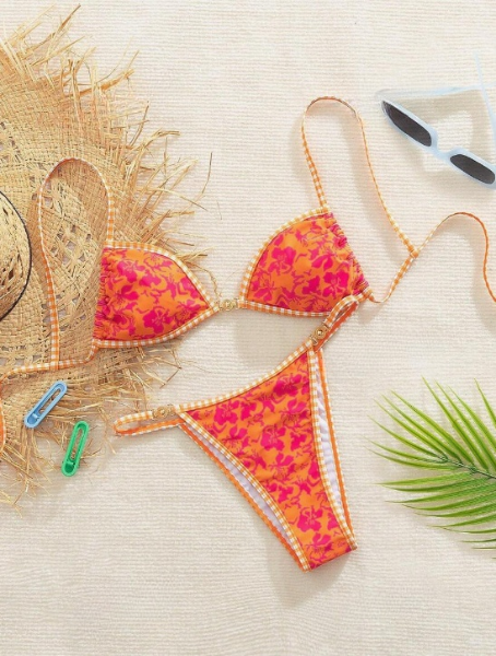 Orange and Red Printed String Bikini