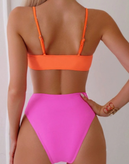 Pink and Orange Color Block Hollow Out One Piece Swimsuit