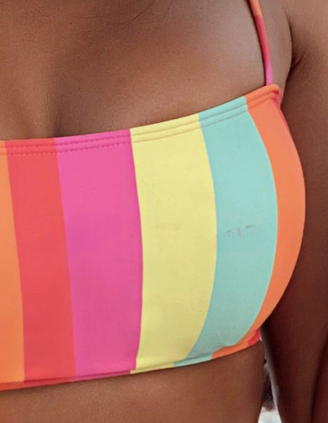 Rainbow Candy Pastel Striped Bikini Set Cami Bra and High Waisted Bottom