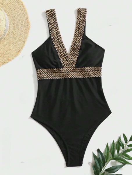 Gorgeous Black and Gold Woven One-Piece Swimsuit