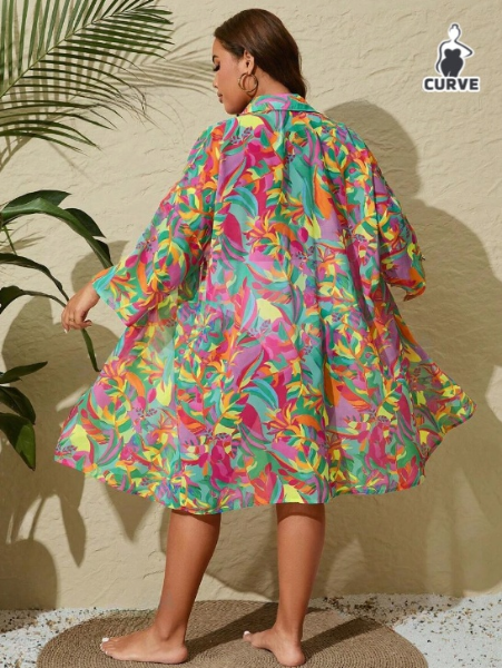 Tropical Plant Print Loose Kimono Cover Up