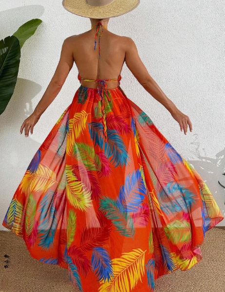 Burnt Orange Tropical Floral Deep V-Neck Beach Cover Dress