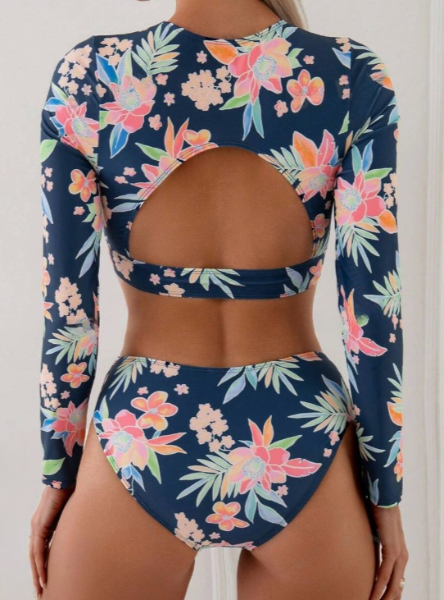 Tropical Printed Long Sleeve Top And Triangle Bottom Rash Guard Set